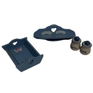 Wooden Dollhouse Kitchen Set Blue With Tray Shelf Salt & Pepper Shakers